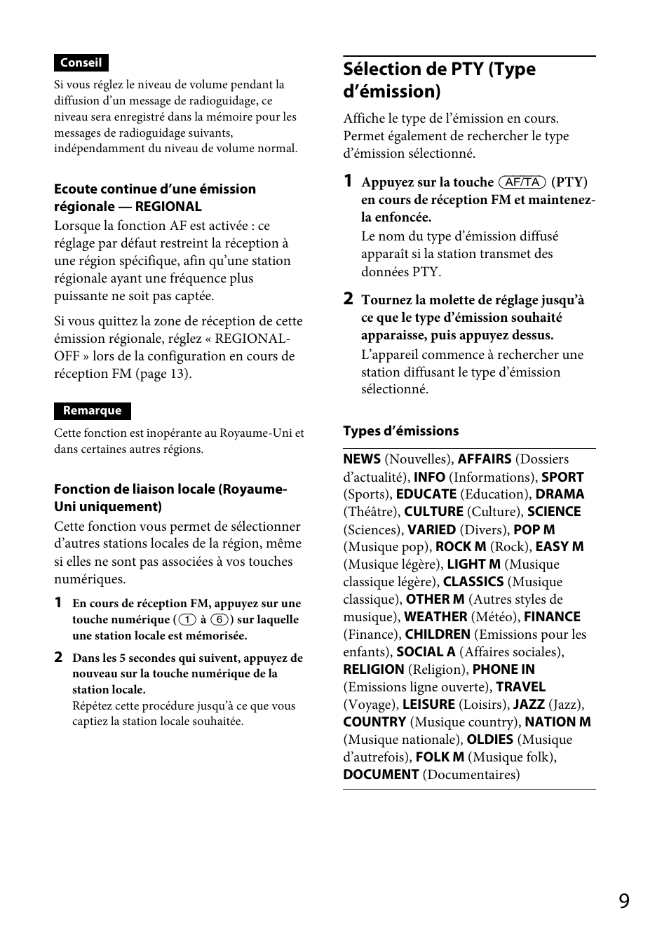 Sélection de pty (type d’émission) | Sony CDX-GT264MP User Manual | Page 47 / 100