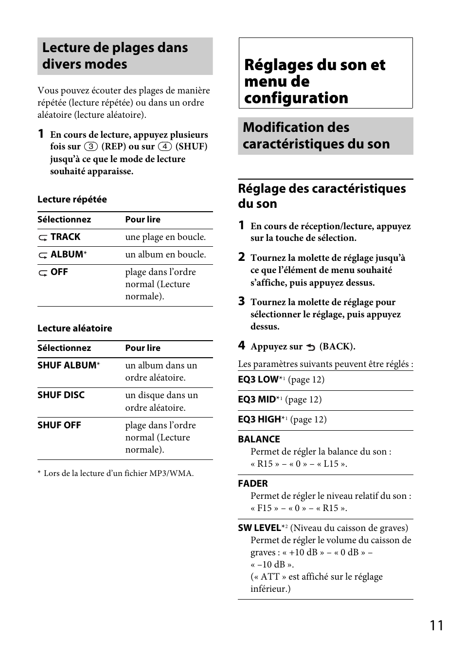 Lecture de plages dans divers modes, Réglages du son et menu de configuration, Modification des caractéristiques du son | Réglage des caractéristiques du son 1 | Sony CDX-GT264MP User Manual | Page 49 / 100