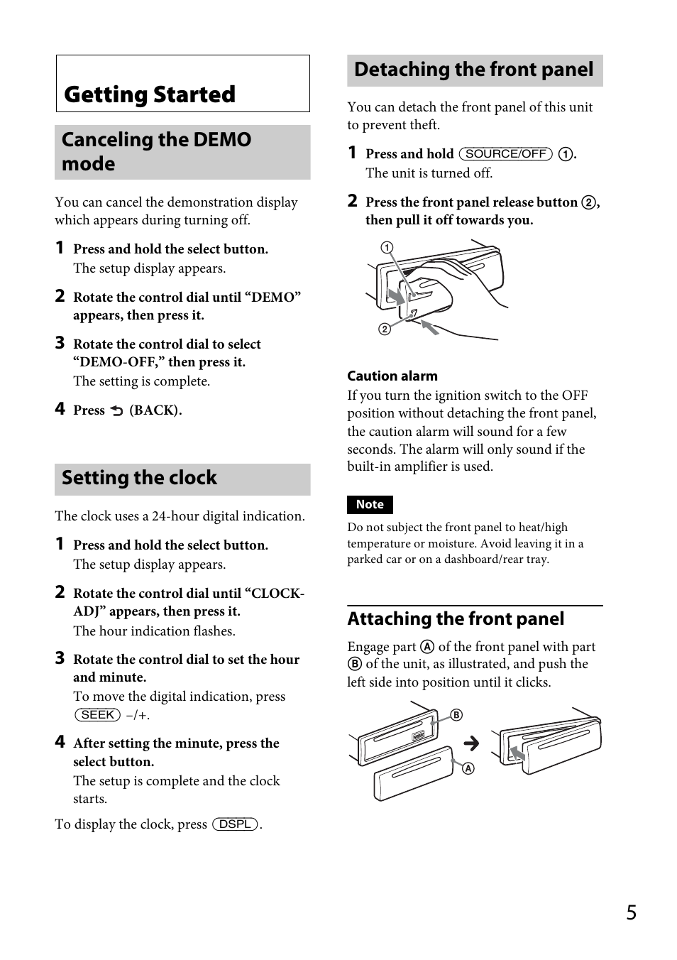 Getting started, Canceling the demo mode, Setting the clock | Detaching the front panel, Attaching the front panel | Sony CDX-GT264MP User Manual | Page 5 / 100