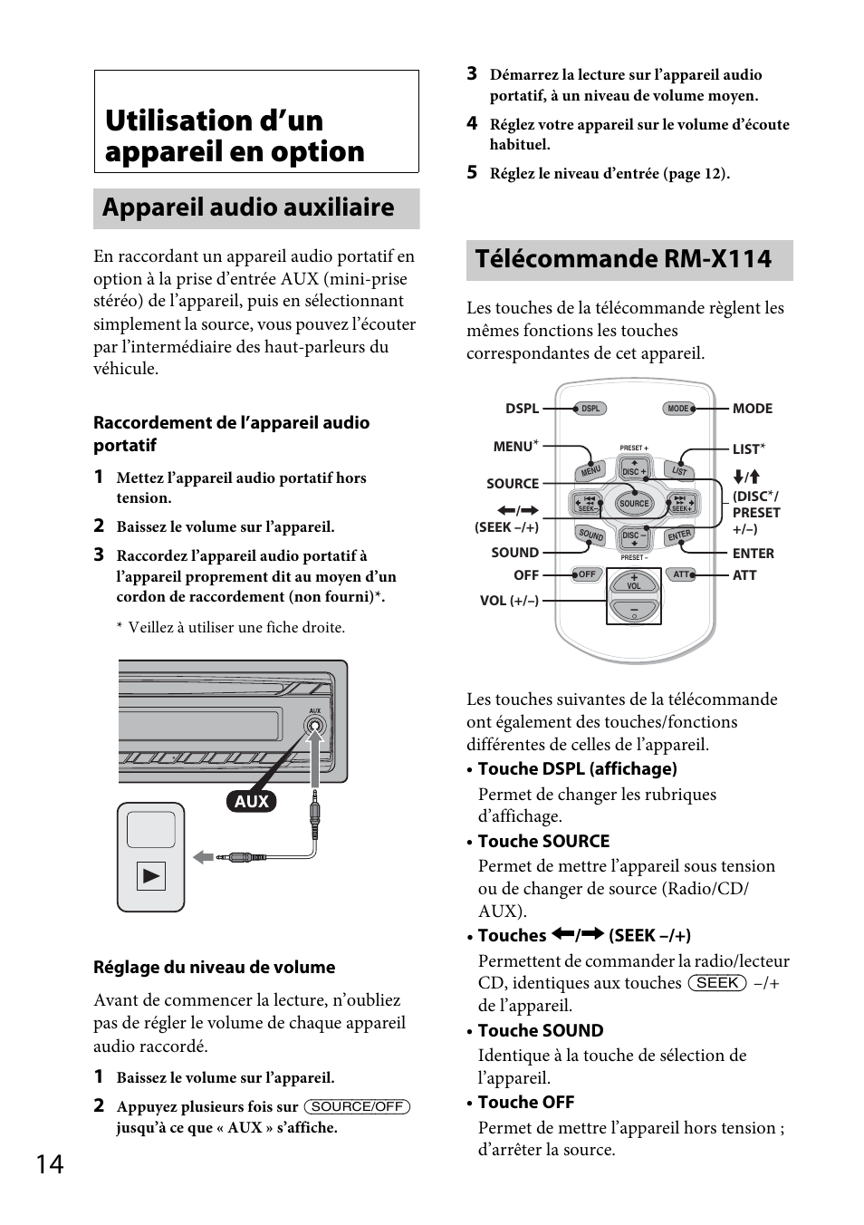 Utilisation d’un appareil en option, Appareil audio auxiliaire, Télécommande rm-x114 | Appareil audio auxiliaire télécommande rm-x114 | Sony CDX-GT264MP User Manual | Page 52 / 100