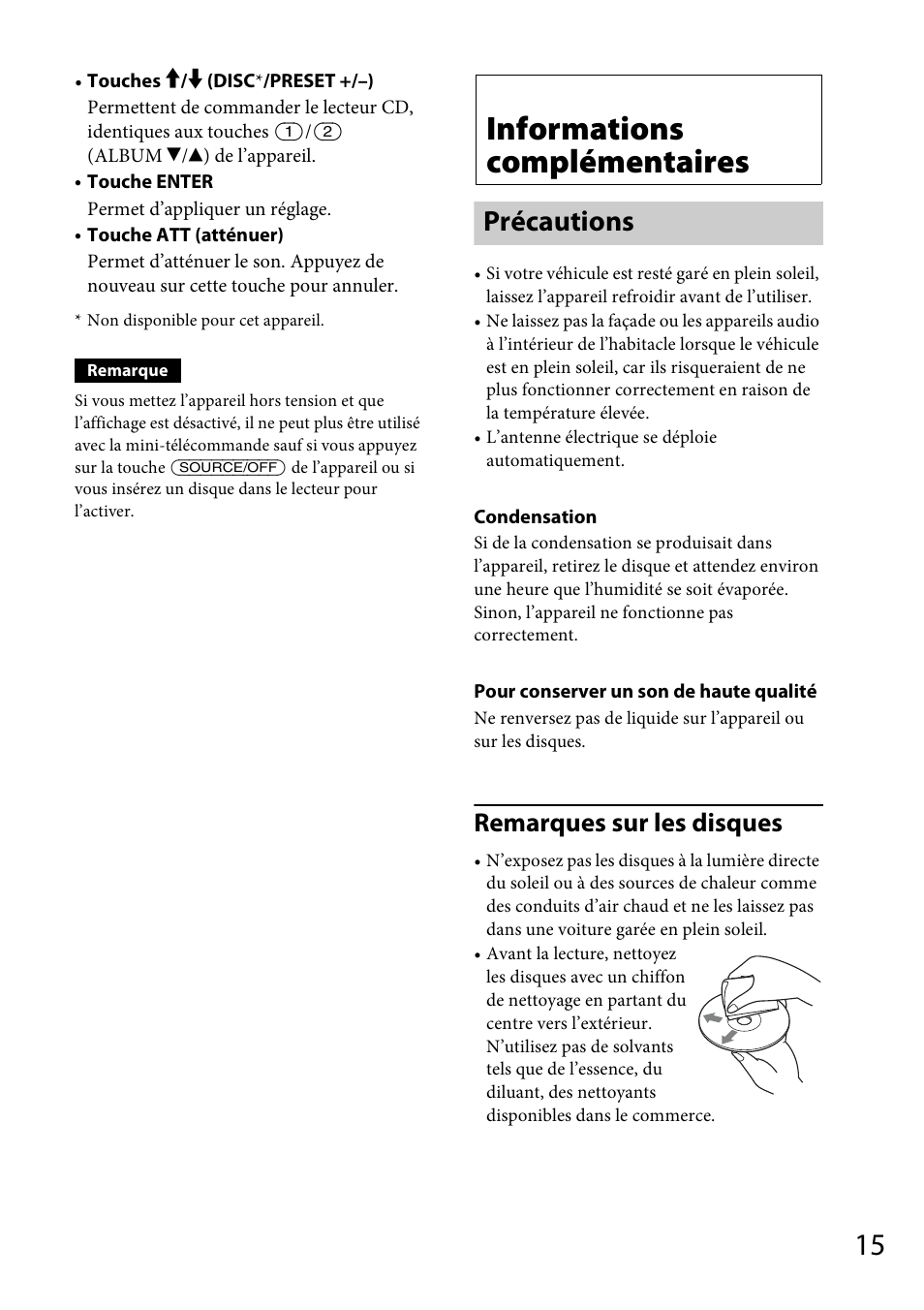 Informations complémentaires, Précautions, Remarques sur les disques | Sony CDX-GT264MP User Manual | Page 53 / 100