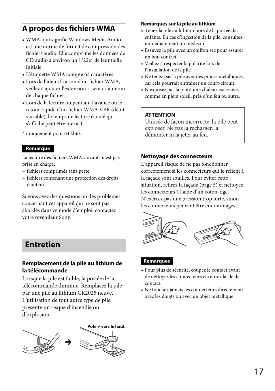 Entretien, A propos des fichiers wma | Sony CDX-GT264MP User Manual | Page 55 / 100