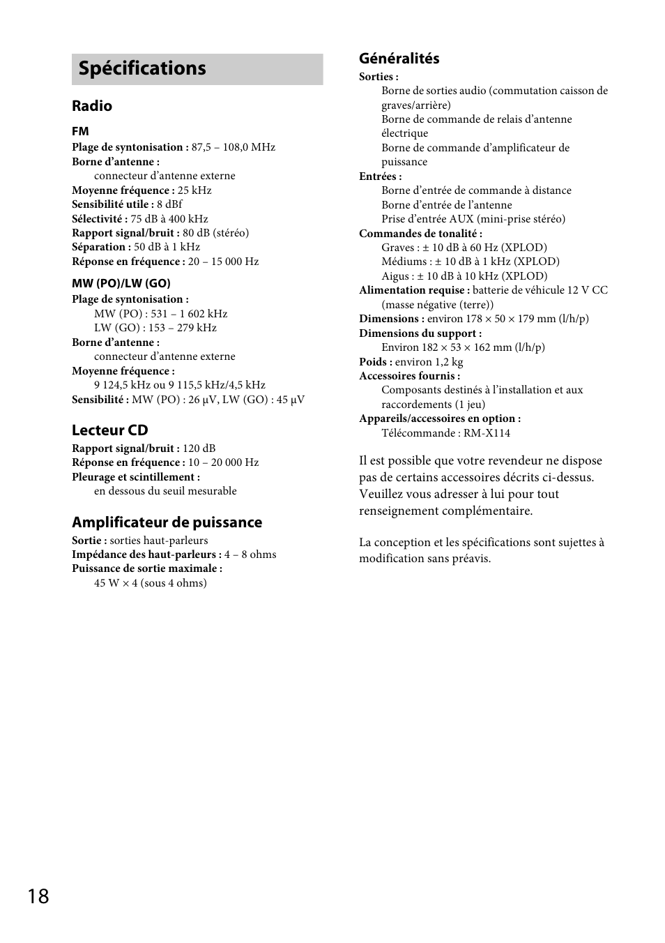 Spécifications, Radio, Lecteur cd | Amplificateur de puissance, Généralités | Sony CDX-GT264MP User Manual | Page 56 / 100