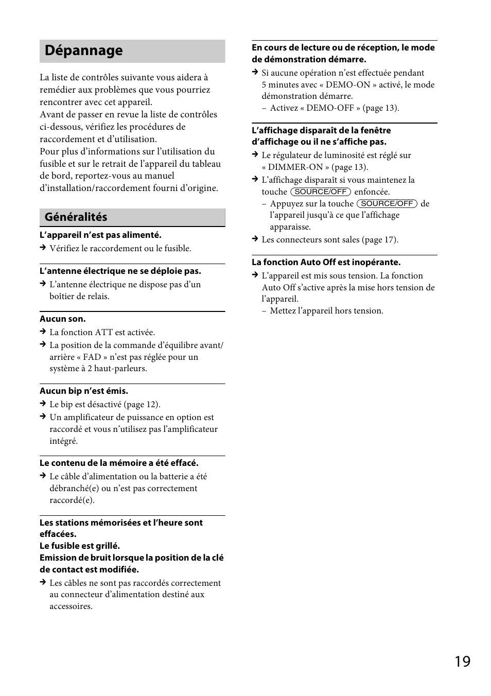 Dépannage, Généralités | Sony CDX-GT264MP User Manual | Page 57 / 100