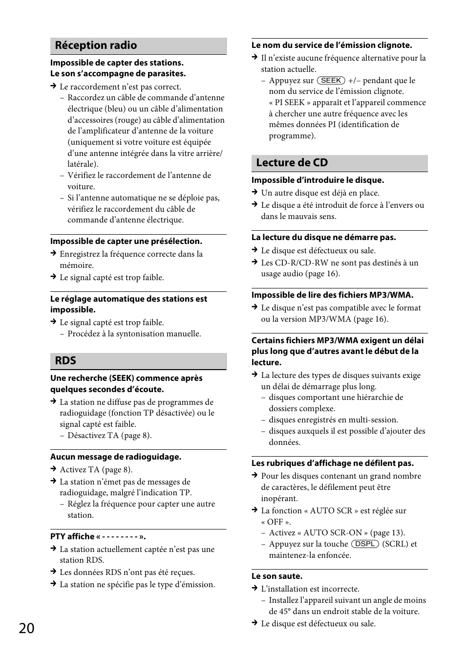 Réception radio, Lecture de cd | Sony CDX-GT264MP User Manual | Page 58 / 100
