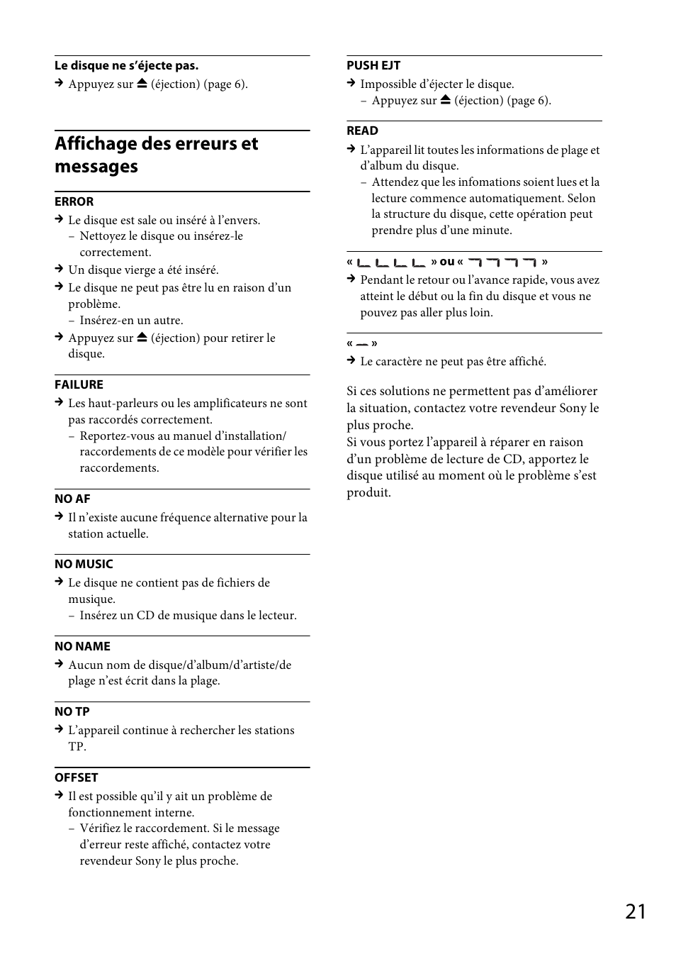 Affichage des erreurs et messages | Sony CDX-GT264MP User Manual | Page 59 / 100