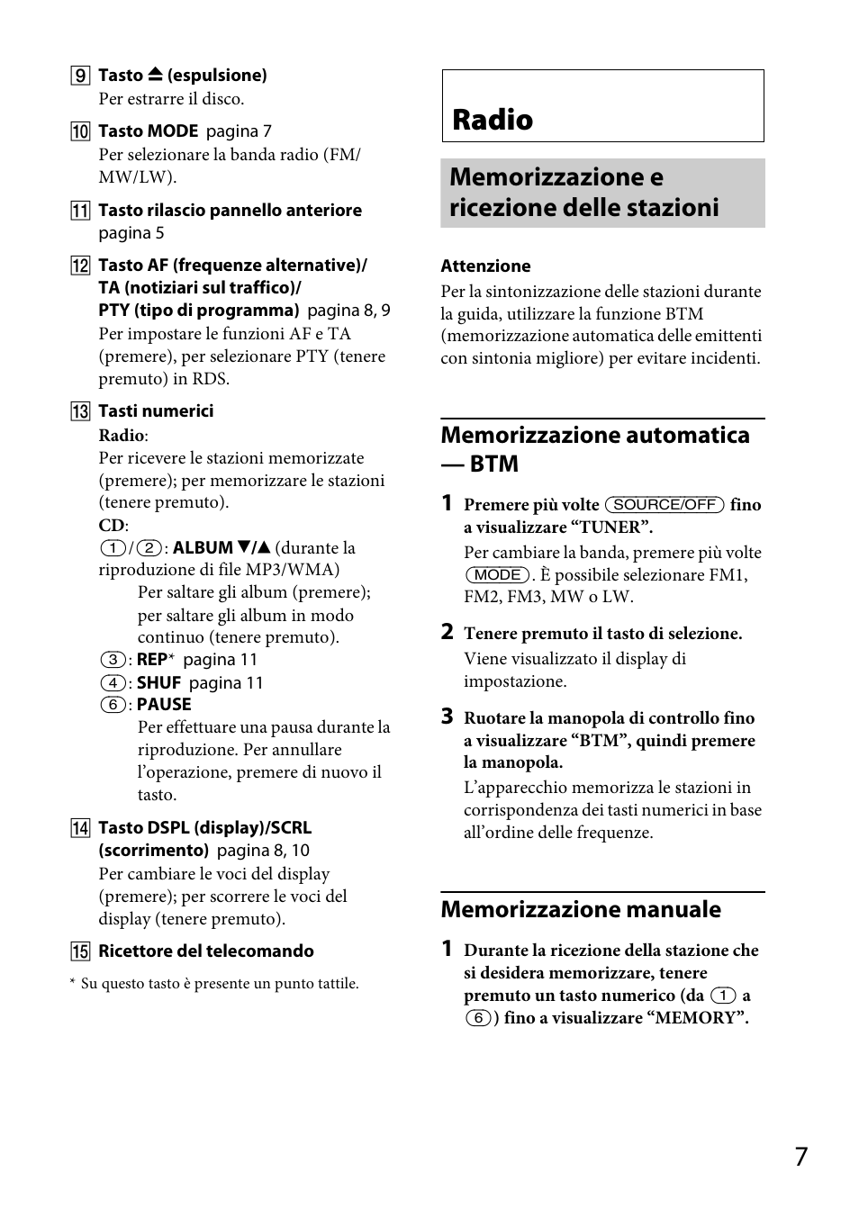 Radio, Memorizzazione e ricezione delle stazioni | Sony CDX-GT264MP User Manual | Page 65 / 100