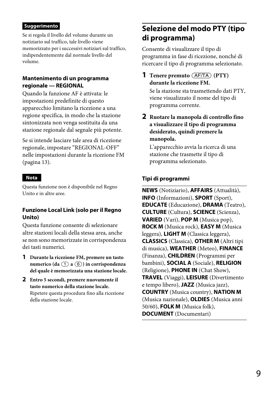 Selezione del modo pty (tipo di programma) | Sony CDX-GT264MP User Manual | Page 67 / 100