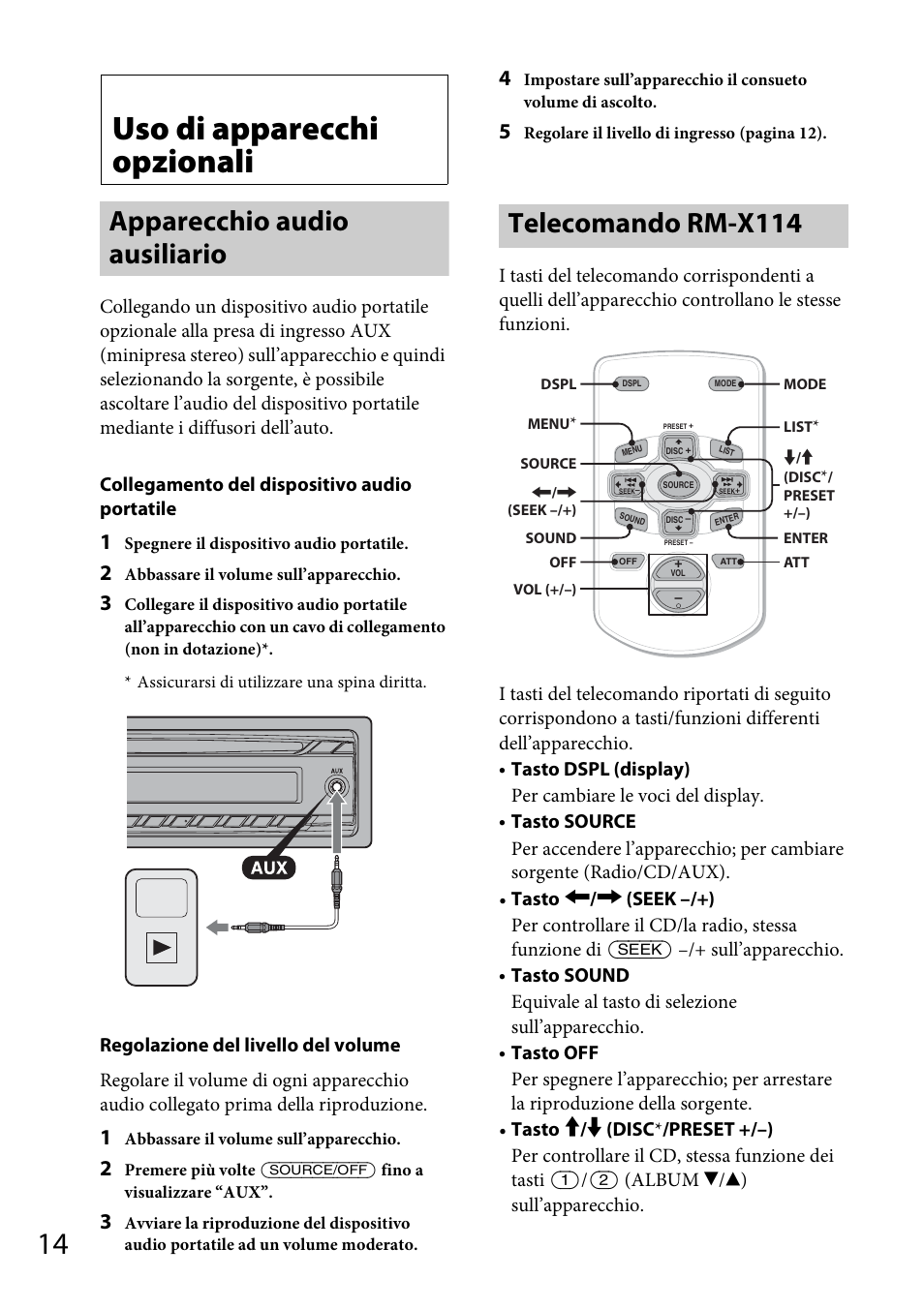 Uso di apparecchi opzionali, Apparecchio audio ausiliario, Telecomando rm-x114 | Apparecchio audio ausiliario telecomando rm-x114 | Sony CDX-GT264MP User Manual | Page 72 / 100