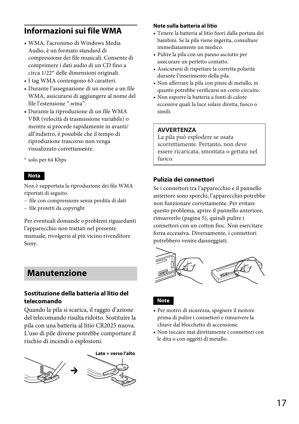 Manutenzione, Informazioni sui file wma | Sony CDX-GT264MP User Manual | Page 75 / 100