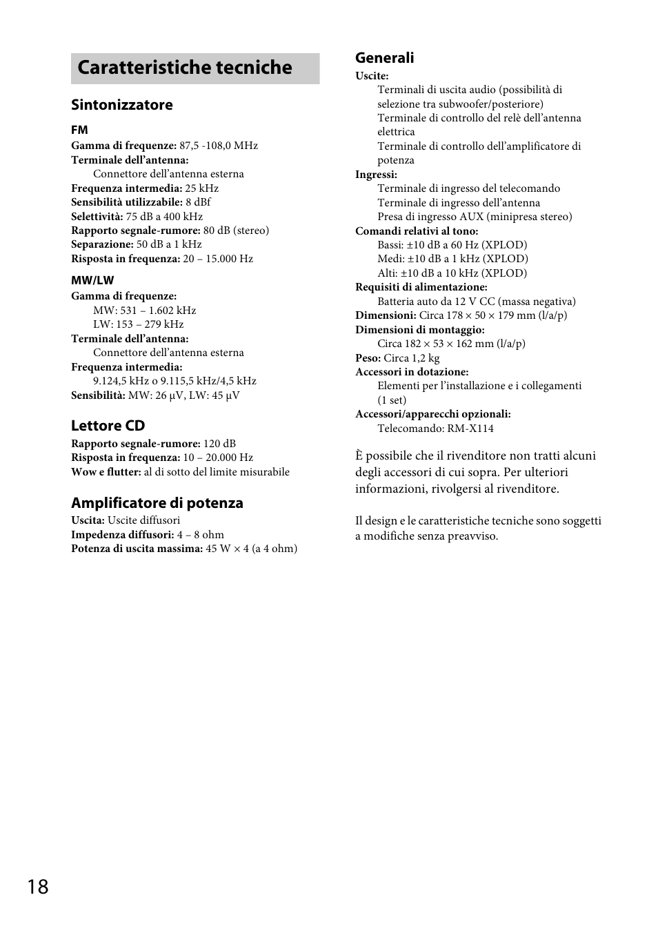 Caratteristiche tecniche, Sintonizzatore, Lettore cd | Amplificatore di potenza, Generali | Sony CDX-GT264MP User Manual | Page 76 / 100