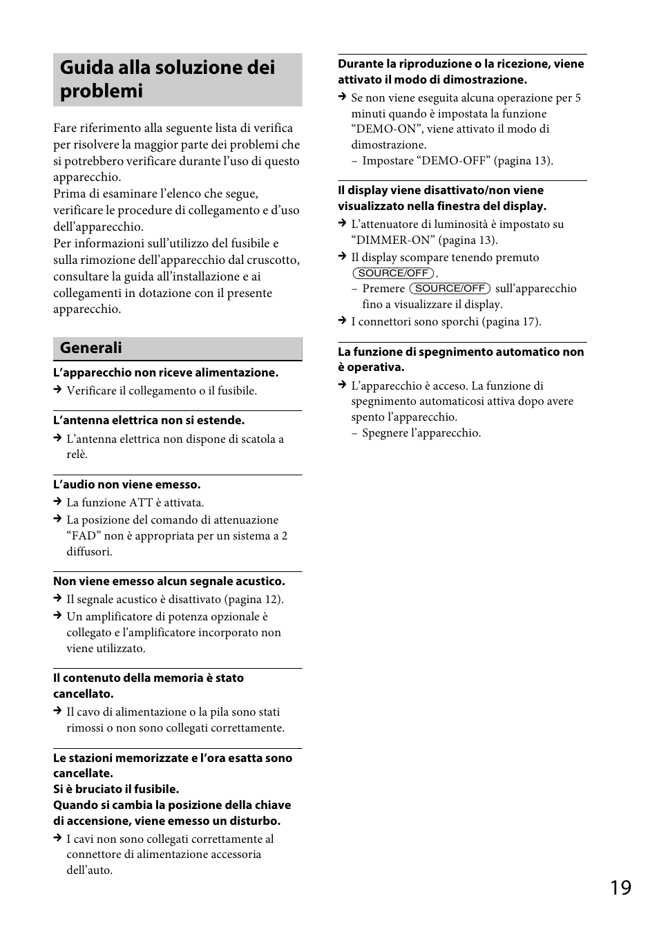 Guida alla soluzione dei problemi, Generali | Sony CDX-GT264MP User Manual | Page 77 / 100