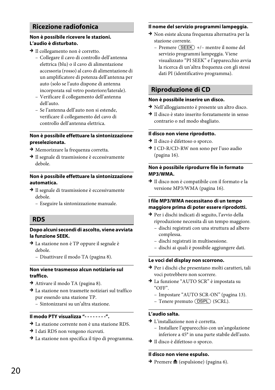 Ricezione radiofonica, Riproduzione di cd | Sony CDX-GT264MP User Manual | Page 78 / 100