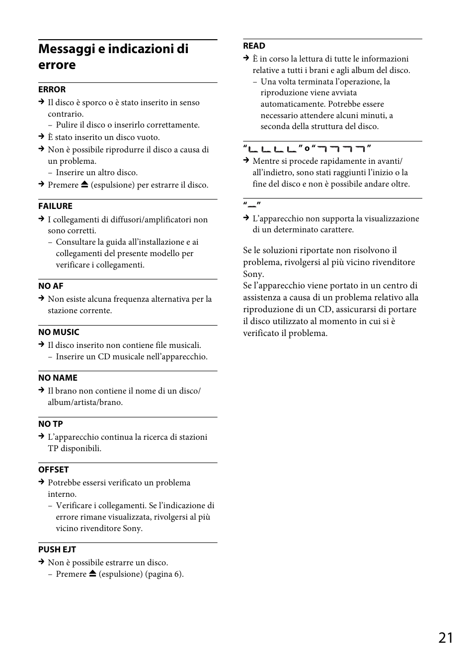 Messaggi e indicazioni di errore | Sony CDX-GT264MP User Manual | Page 79 / 100