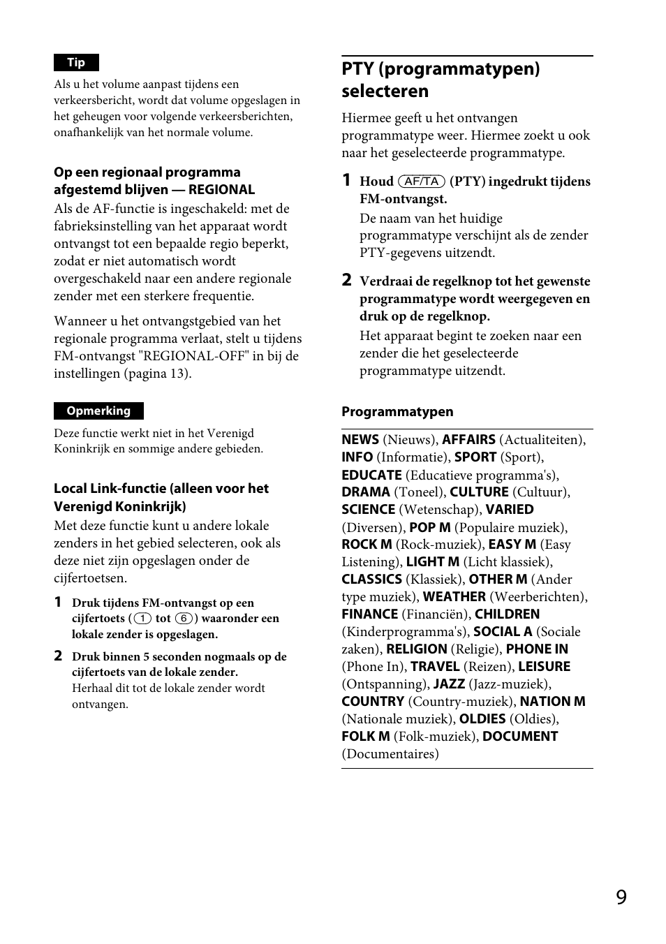 Pty (programmatypen) selecteren | Sony CDX-GT264MP User Manual | Page 87 / 100