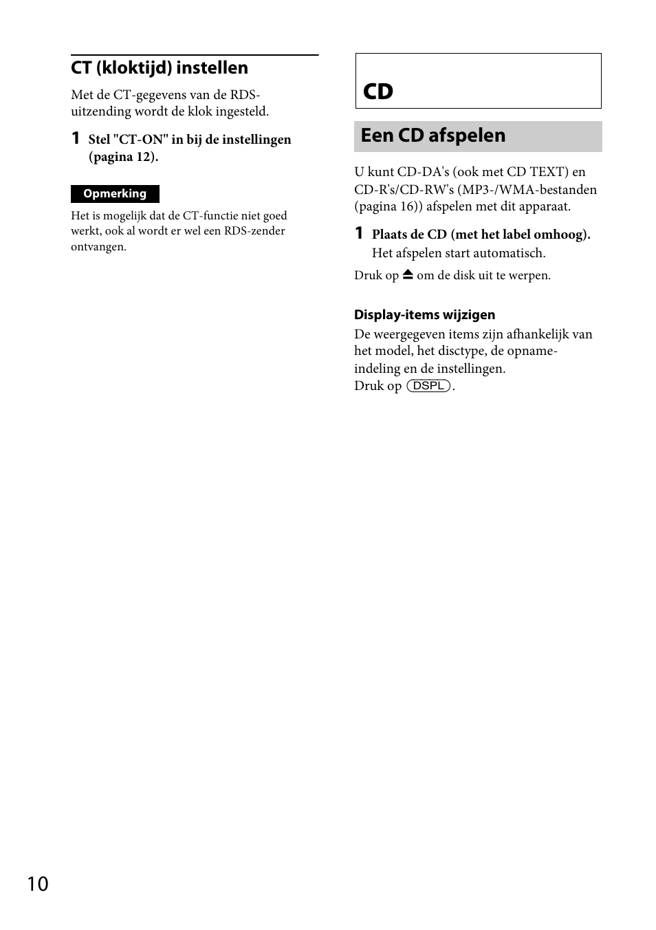 Een cd afspelen, Ct (kloktijd) instellen | Sony CDX-GT264MP User Manual | Page 88 / 100