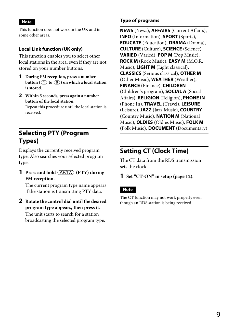 Selecting pty (program types), Setting ct (clock time) | Sony CDX-GT264MP User Manual | Page 9 / 100