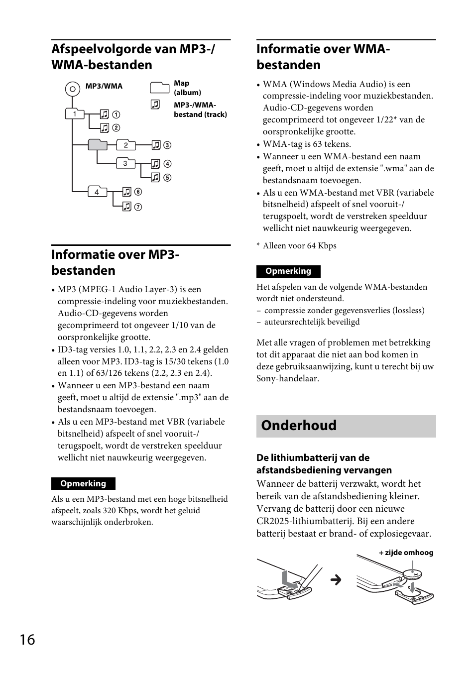 Onderhoud, Informatie over wma- bestanden | Sony CDX-GT264MP User Manual | Page 94 / 100