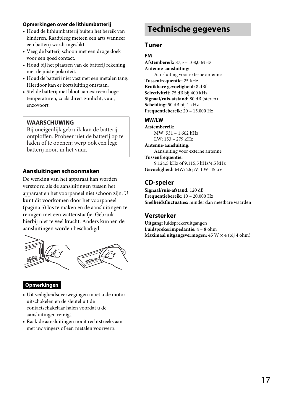 Technische gegevens, Tuner, Cd-speler | Versterker | Sony CDX-GT264MP User Manual | Page 95 / 100