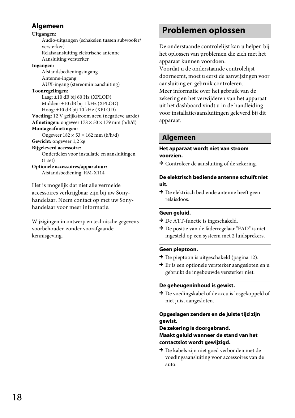 Problemen oplossen, Algemeen | Sony CDX-GT264MP User Manual | Page 96 / 100