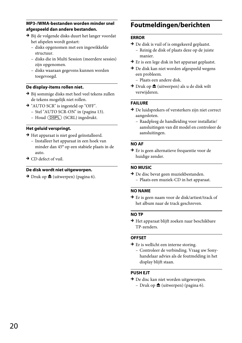 Foutmeldingen/berichten | Sony CDX-GT264MP User Manual | Page 98 / 100