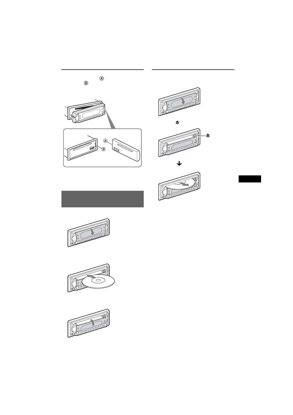 Installazione del pannello anteriore, Inserimento del disco nell’apparecchio, Estrazione del disco | Sony CDX-R6750 User Manual | Page 67 / 104