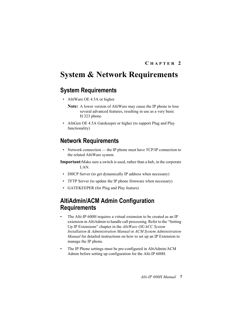 Hapter, System & network requirements, Chapter 2, sys | System requirements, Network requirements, Altiadmin/acm admin configuration requirements | AltiGen comm 600H User Manual | Page 17 / 69