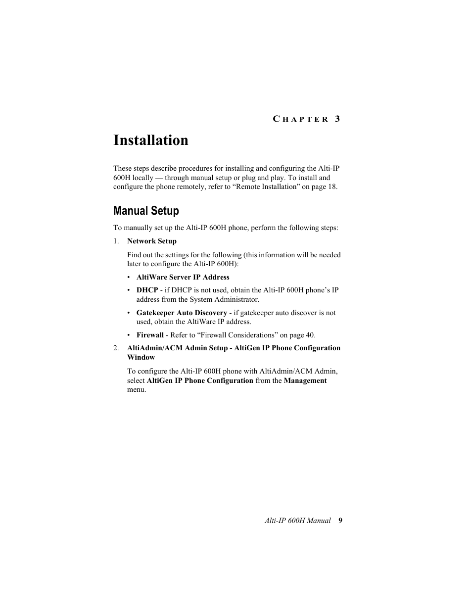 Hapter, Installation, Manual setup | Chapter 3 | AltiGen comm 600H User Manual | Page 19 / 69