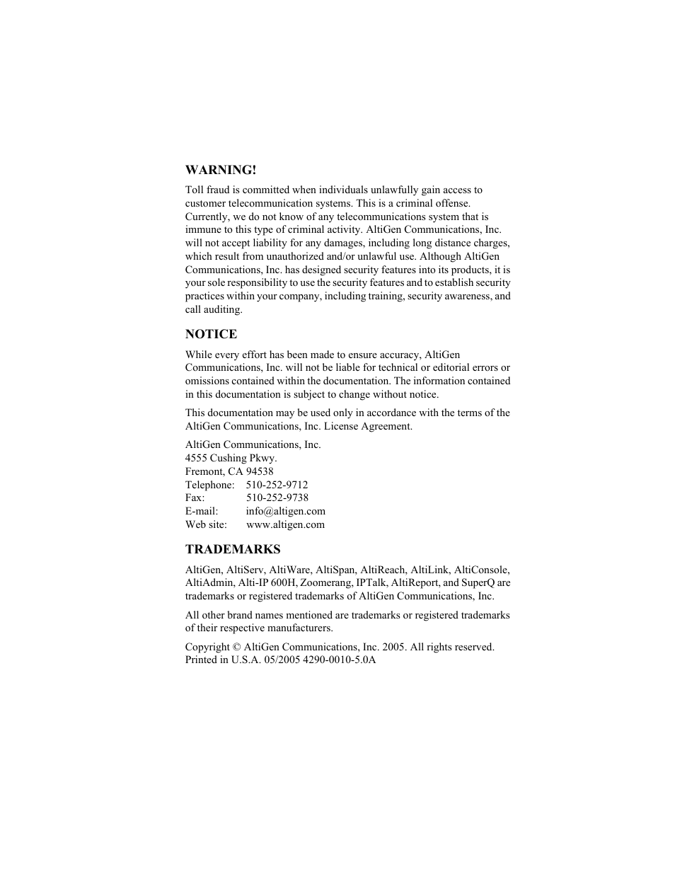 AltiGen comm 600H User Manual | Page 2 / 69