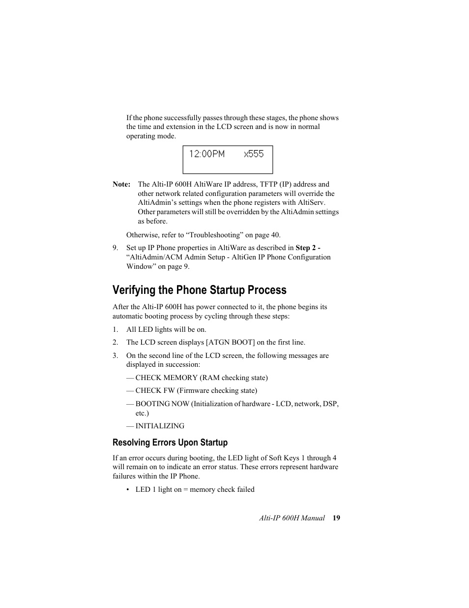 Verifying the phone startup process, Resolving errors upon startup | AltiGen comm 600H User Manual | Page 29 / 69