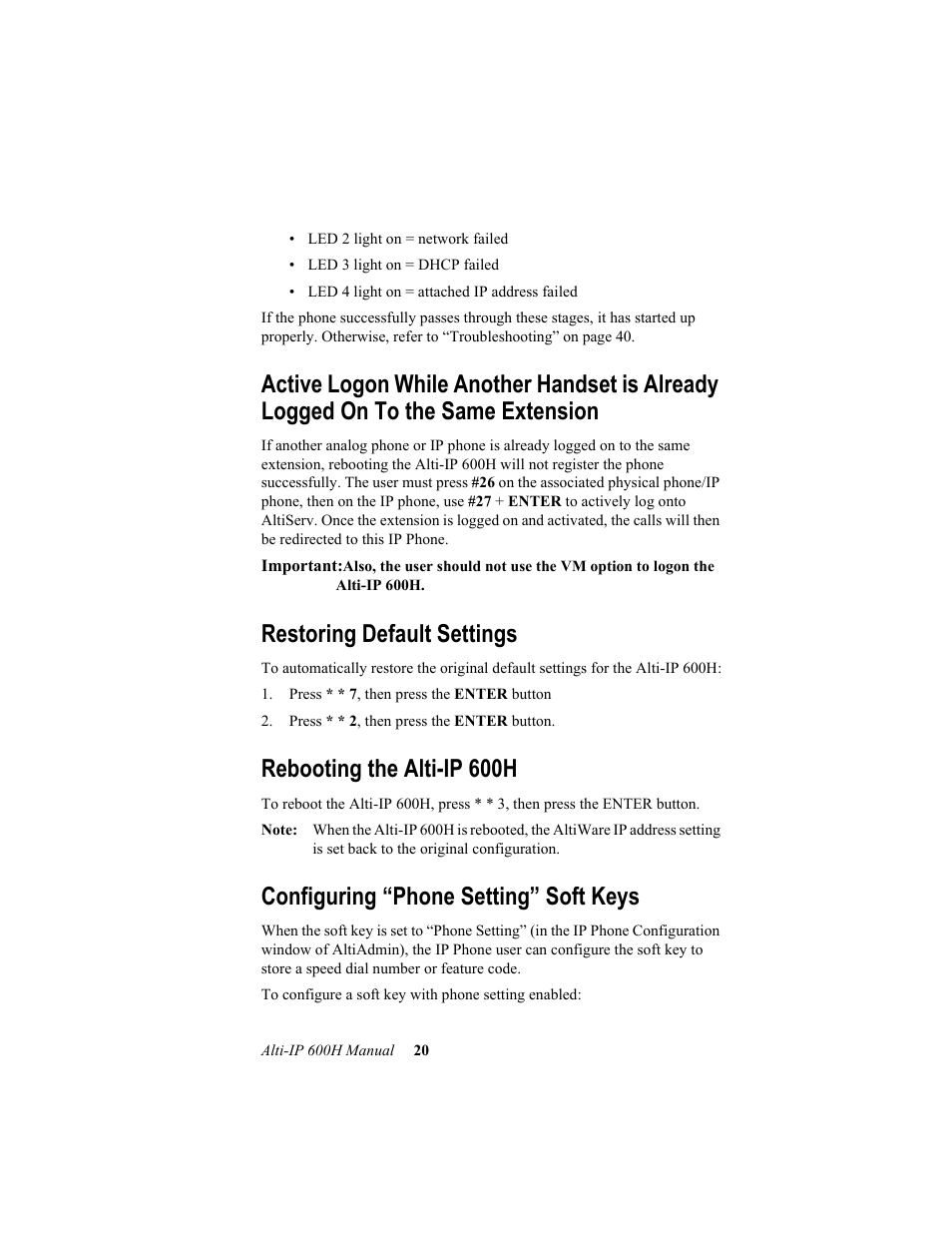 Same extension, Restoring default settings, Rebooting the alti-ip 600h | Configuring “phone setting” soft keys | AltiGen comm 600H User Manual | Page 30 / 69