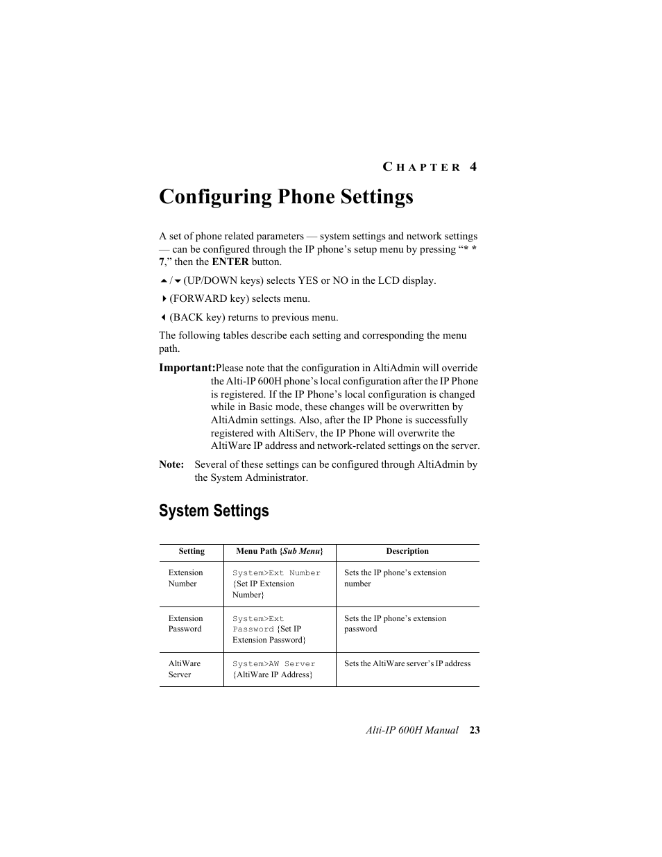 Hapter, Configuring phone settings, System settings | Chapter 4 | AltiGen comm 600H User Manual | Page 33 / 69