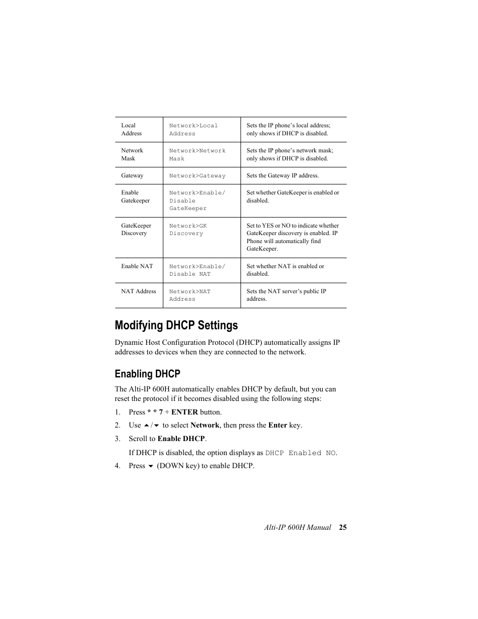 Modifying dhcp settings, Enabling dhcp | AltiGen comm 600H User Manual | Page 35 / 69