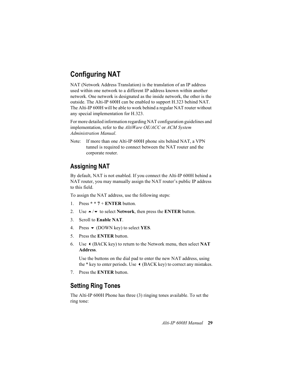 Configuring nat, Assigning nat setting ring tones, Assigning nat | Setting ring tones | AltiGen comm 600H User Manual | Page 39 / 69