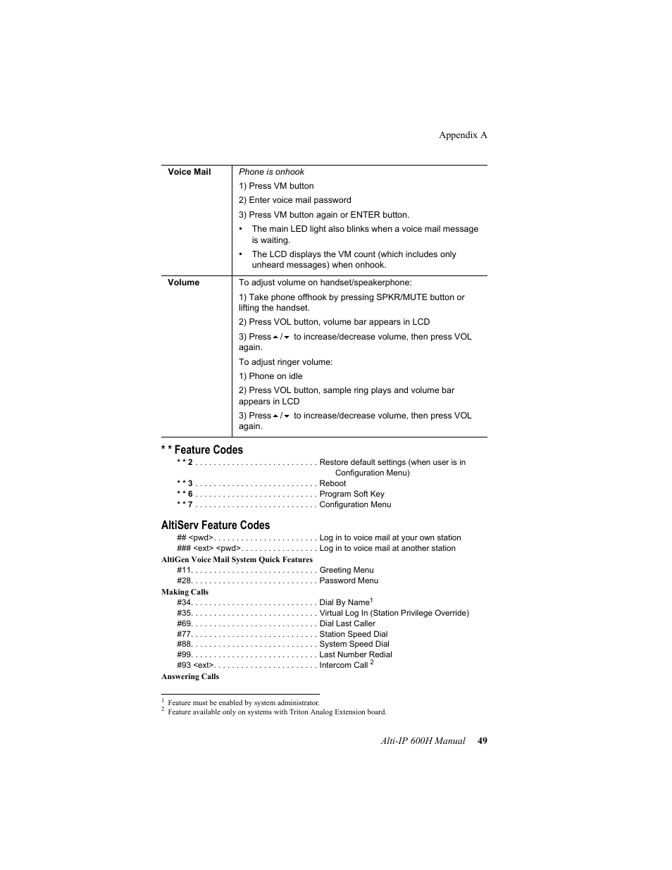 Feature codes, Altiserv feature codes | AltiGen comm 600H User Manual | Page 59 / 69