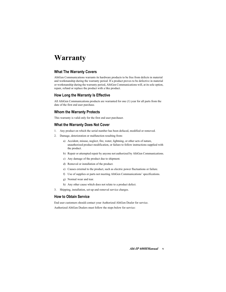 Warranty | AltiGen comm 600H User Manual | Page 7 / 69