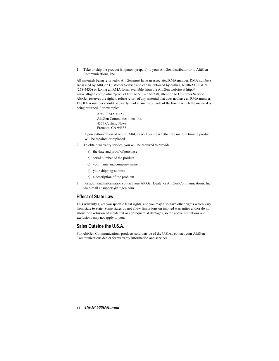 Effect of state law, Sales outside the u.s.a | AltiGen comm 600H User Manual | Page 8 / 69