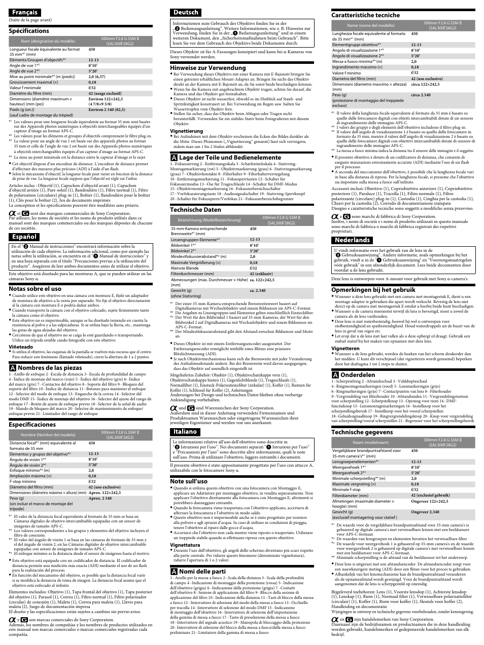 Spécifications, Notas sobre el uso, Nombres de las piezas | Especificaciones, Hinweise zur verwendung, Lage der teile und bedienelemente, Technische daten, Nomi delle parti, Caratteristiche tecniche, Opmerkingen bij het gebruik | Sony SAL300F28G2 User Manual | Page 2 / 2