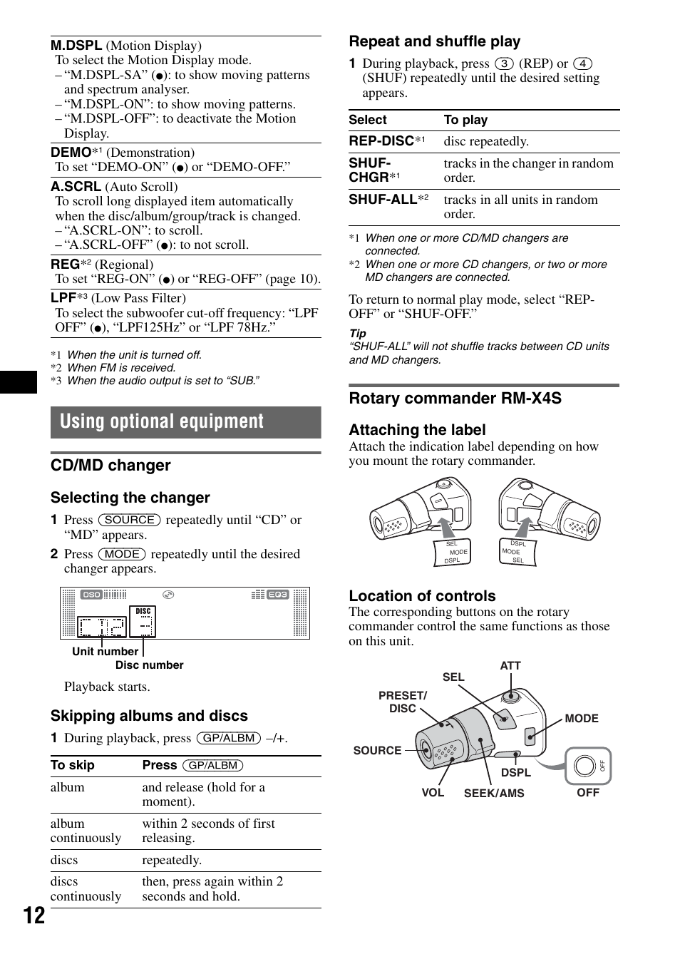 Using optional equipment, Cd/md changer, Rotary commander rm-x4s | Cd/md changer rotary commander rm-x4s, Selecting the changer, Skipping albums and discs, Repeat and shuffle play, Attaching the label, Location of controls | Sony CDX-RA550 User Manual | Page 12 / 100