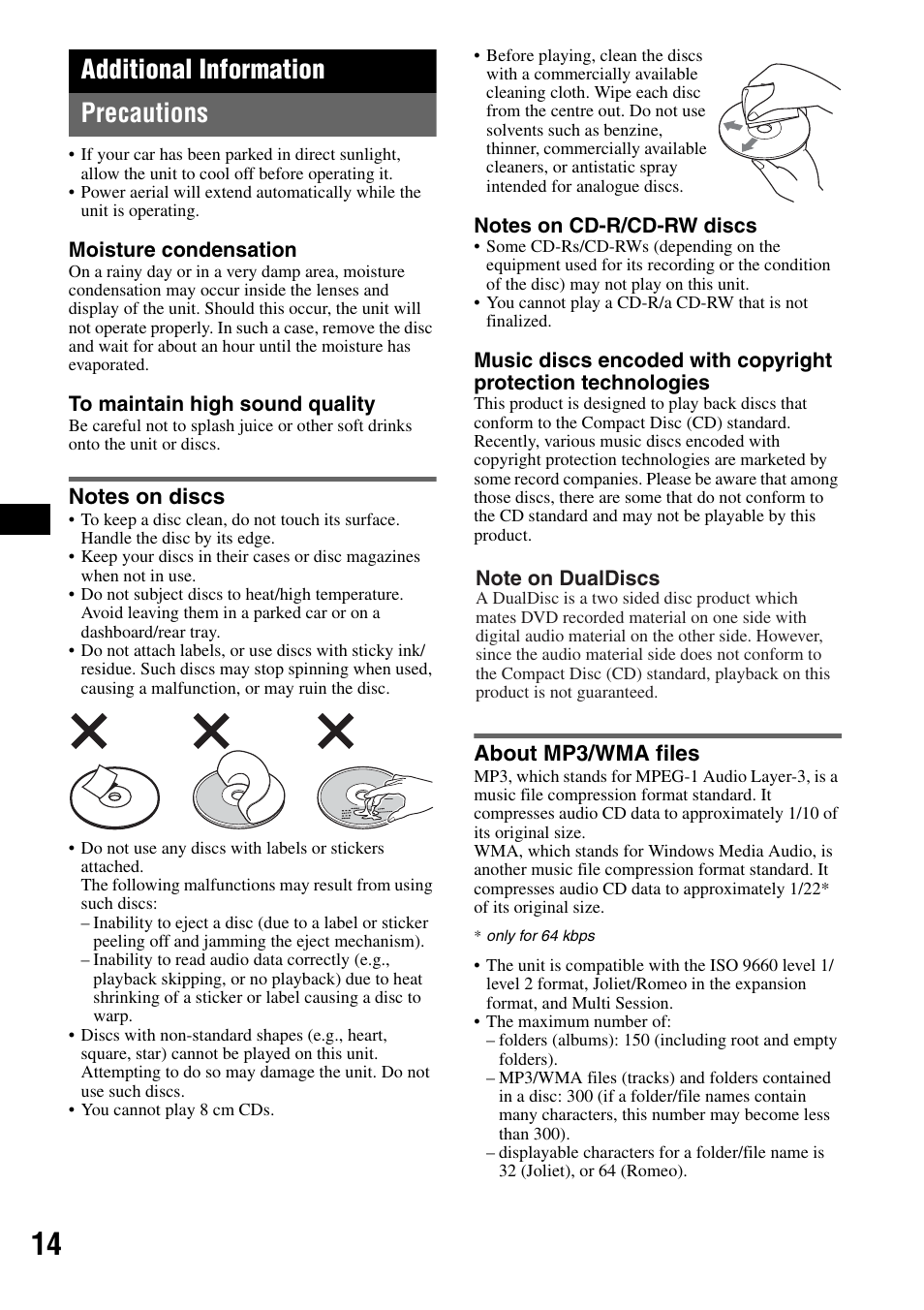 Additional information, Precautions, Notes on discs | About mp3/wma files, Notes on discs about mp3/wma files, Additional information precautions | Sony CDX-RA550 User Manual | Page 14 / 100