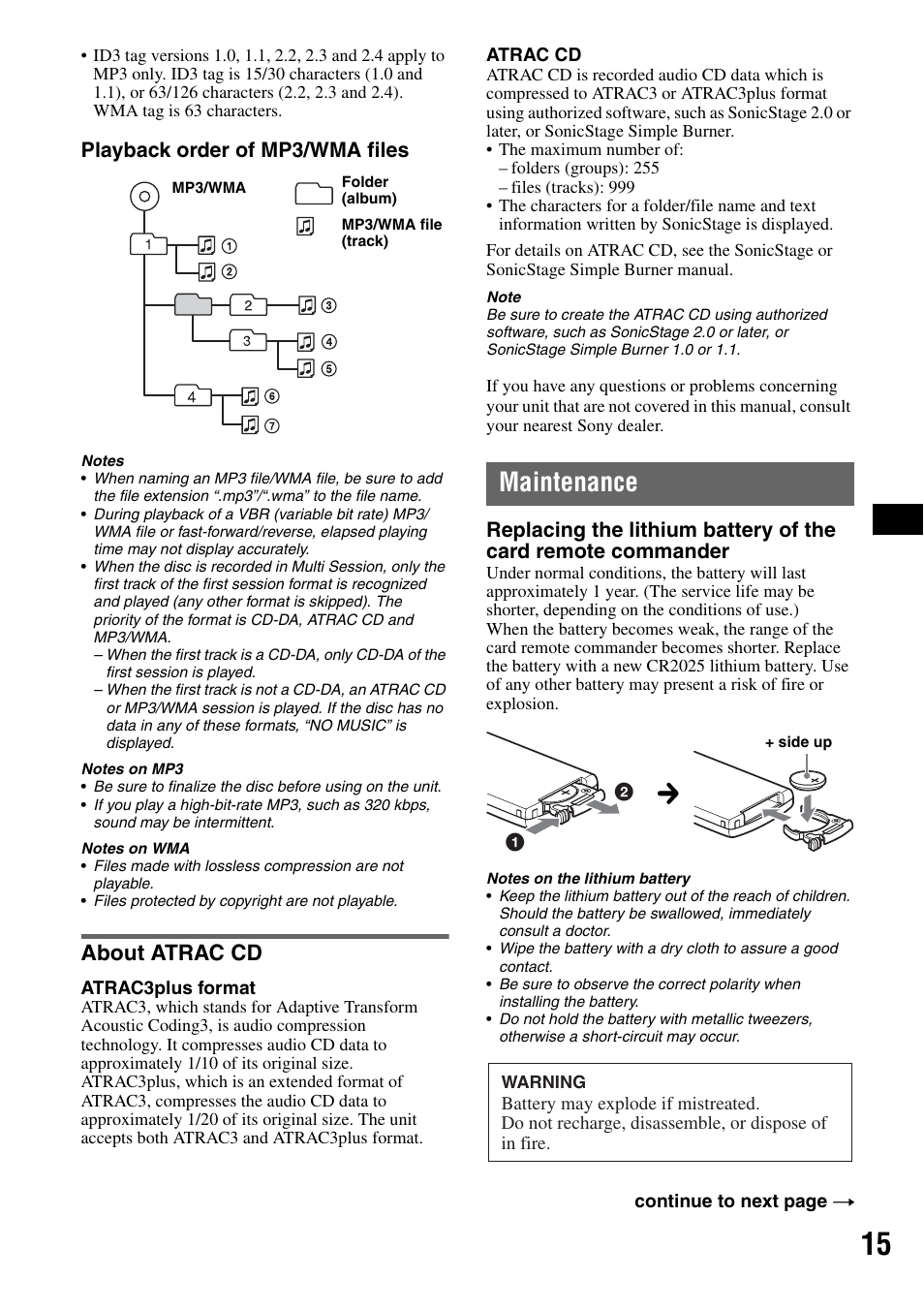 About atrac cd, Maintenance, Playback order of mp3/wma files | Sony CDX-RA550 User Manual | Page 15 / 100