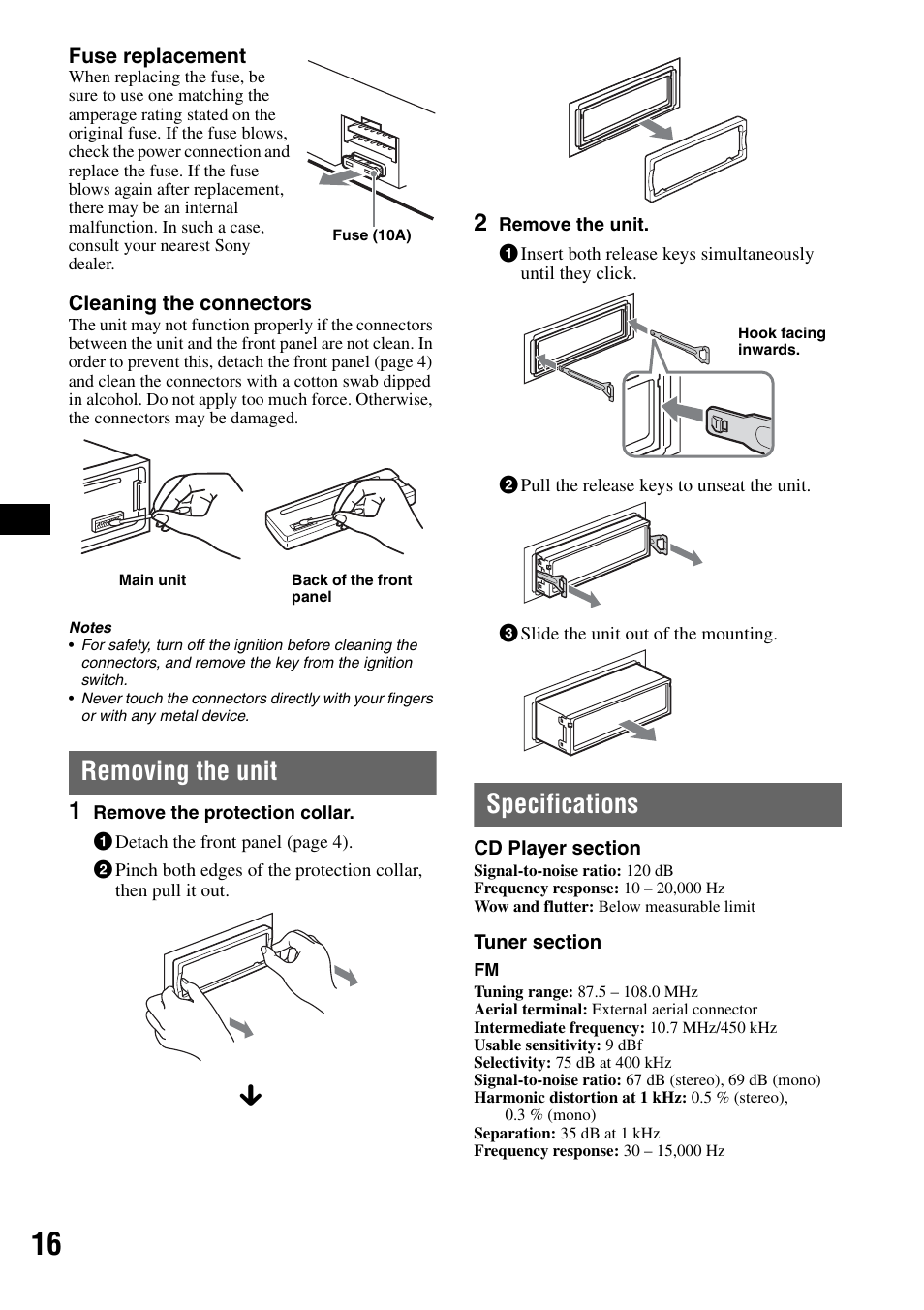 Removing the unit, Specifications, Removing the unit specifications | Sony CDX-RA550 User Manual | Page 16 / 100