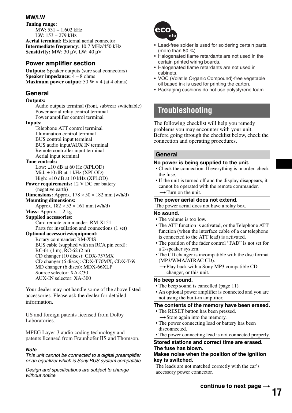 Troubleshooting | Sony CDX-RA550 User Manual | Page 17 / 100