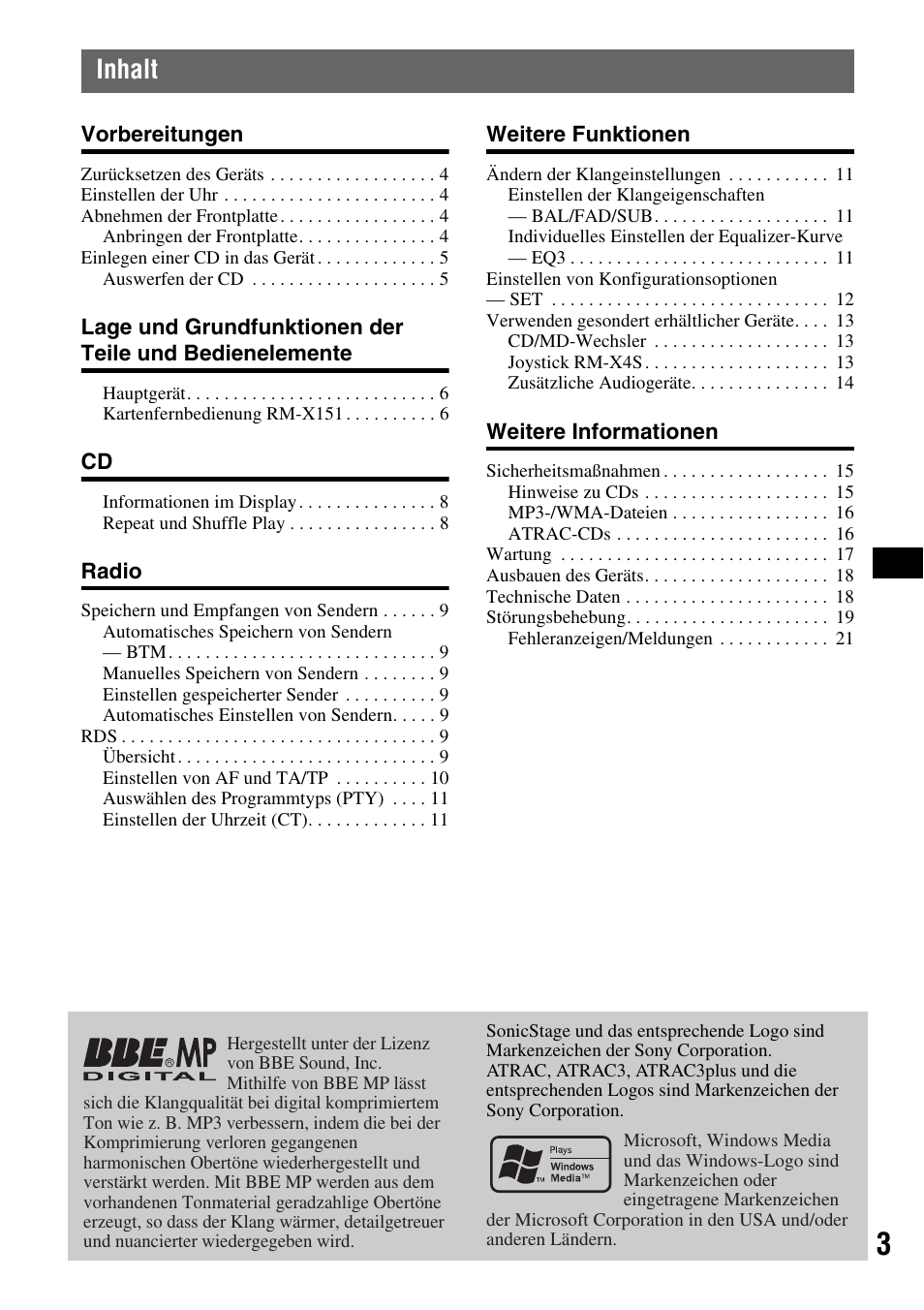 Inhalt | Sony CDX-RA550 User Manual | Page 21 / 100