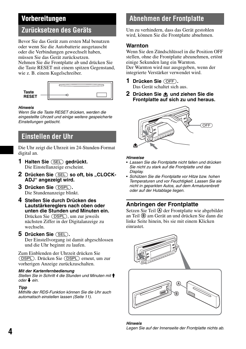 Vorbereitungen, Zurücksetzen des geräts, Einstellen der uhr | Abnehmen der frontplatte, Anbringen der frontplatte, Vorbereitungen zurücksetzen des geräts | Sony CDX-RA550 User Manual | Page 22 / 100