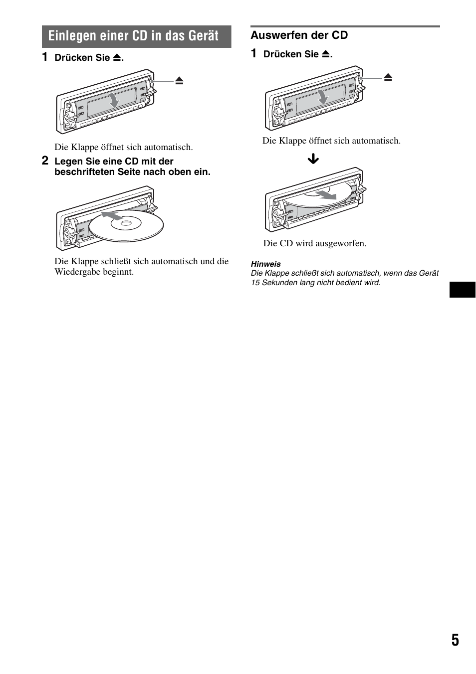 Einlegen einer cd in das gerät, Auswerfen der cd | Sony CDX-RA550 User Manual | Page 23 / 100