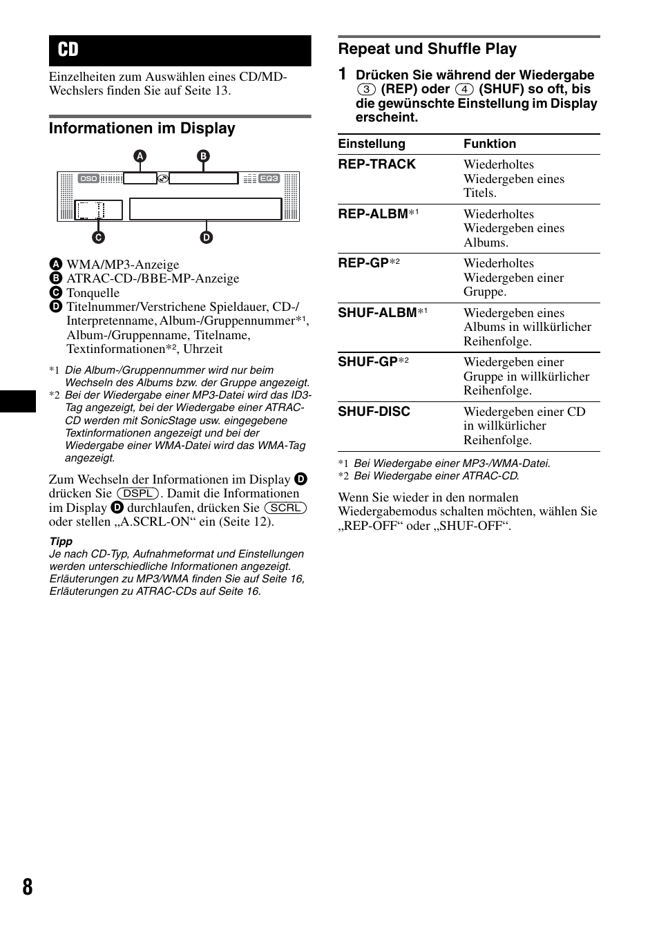 Informationen im display, Repeat und shuffle play, Informationen im display repeat und shuffle play | Sony CDX-RA550 User Manual | Page 26 / 100