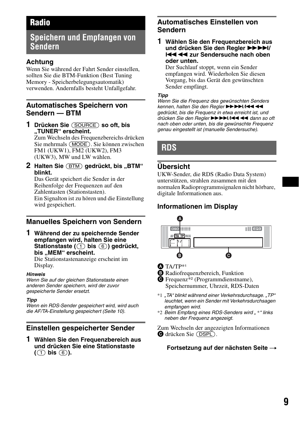 Radio, Speichern und empfangen von sendern, Automatisches speichern von sendern - btm | Manuelles speichern von sendern, Einstellen gespeicherter sender, Automatisches einstellen von sendern, Übersicht, Radio speichern und empfangen von sendern | Sony CDX-RA550 User Manual | Page 27 / 100
