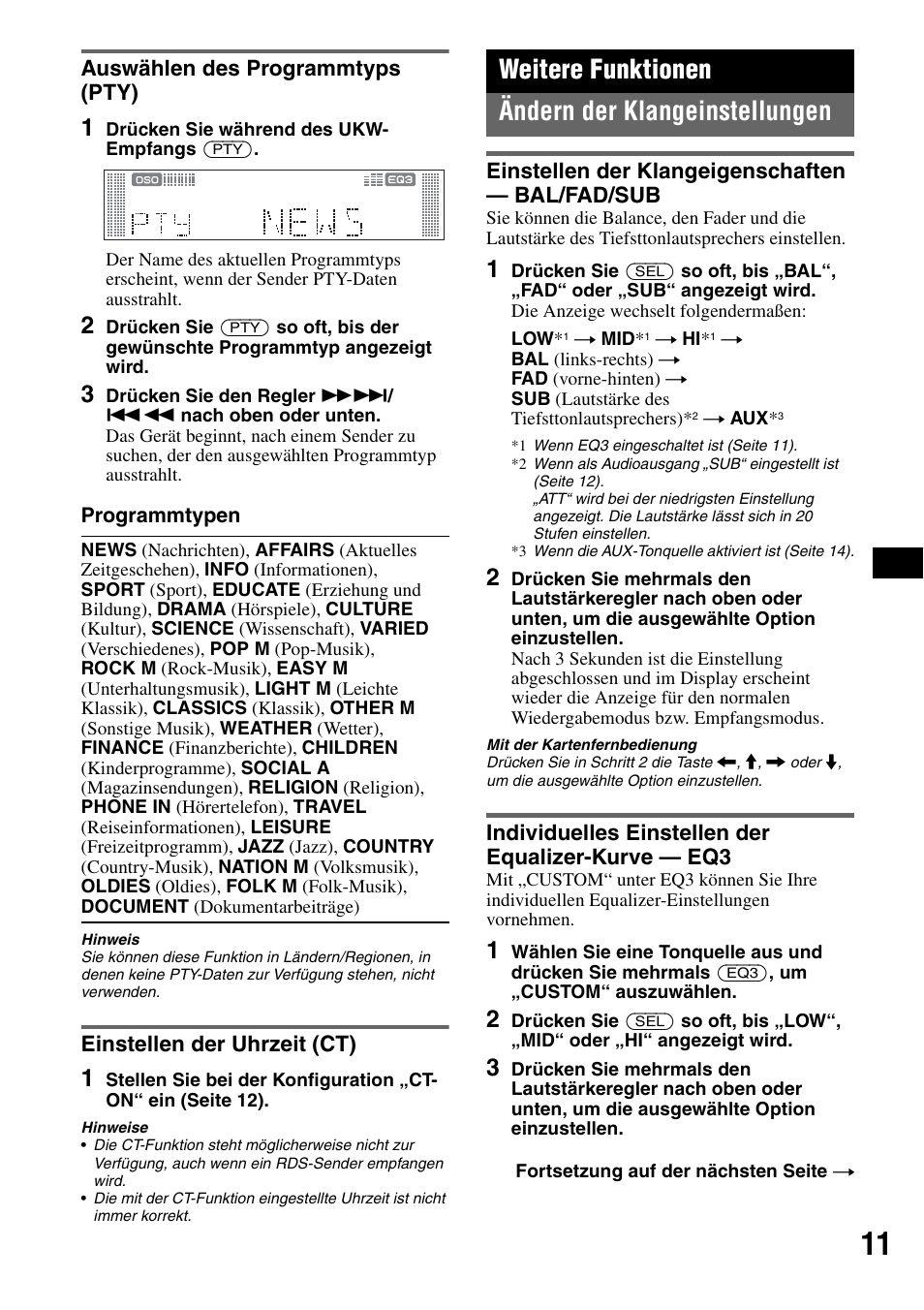 Auswählen des programmtyps (pty), Einstellen der uhrzeit (ct), Weitere funktionen | Ändern der klangeinstellungen, Einstellen der klangeigenschaften - bal/fad/sub, Individuelles einstellen der equalizer-kurve - eq3, Er) 11, Weitere funktionen ändern der klangeinstellungen | Sony CDX-RA550 User Manual | Page 29 / 100