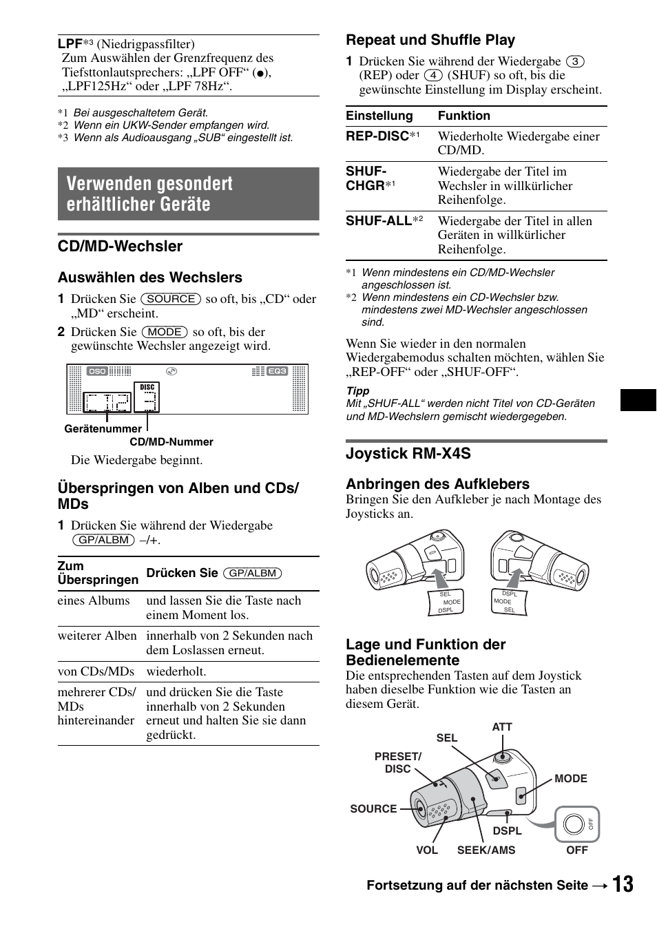 Verwenden gesondert erhältlicher geräte, Cd/md-wechsler, Joystick rm-x4s | Cd/md-wechsler joystick rm-x4s, He seite 13), F seite 13, Auswählen des wechslers, Überspringen von alben und cds/ mds, Repeat und shuffle play, Anbringen des aufklebers | Sony CDX-RA550 User Manual | Page 31 / 100